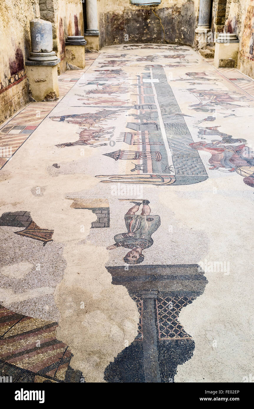 Römische Mosaiken der Reiter in der Villa Romana del Casale, Piazza Armerina, Sizilien, Italien Stockfoto