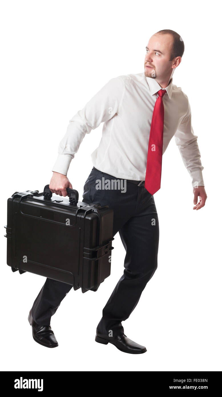 Geschäftsmann halt schwer Koffer auf weiß Stockfoto