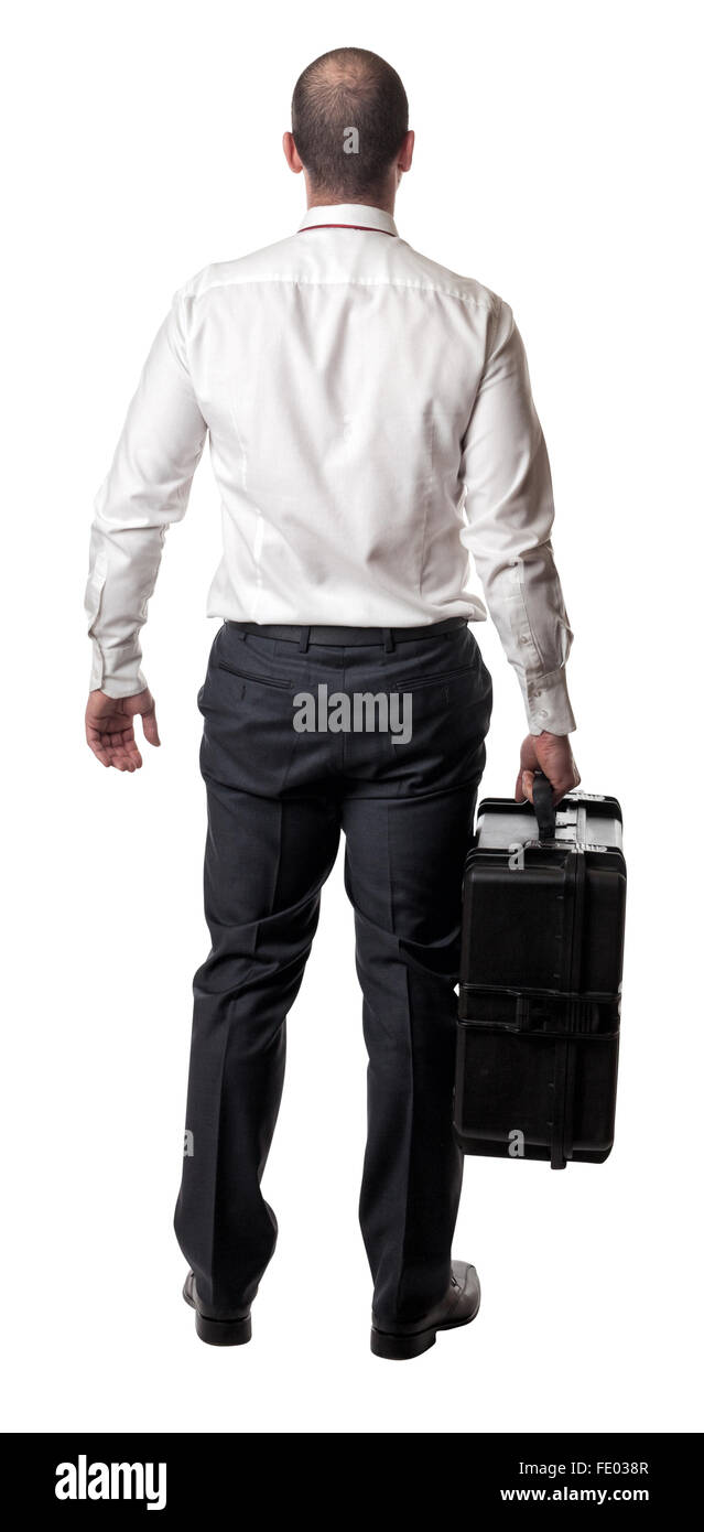 Geschäftsmann halt schwer Koffer auf weiß Stockfoto