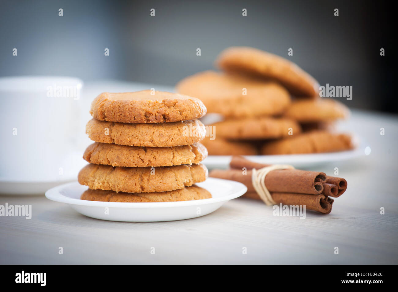 Frisch gebackene Erdnuss Butterplätzchen mit Zimt-Sticks. Nahaufnahme mit geringen Schärfentiefe. Stockfoto