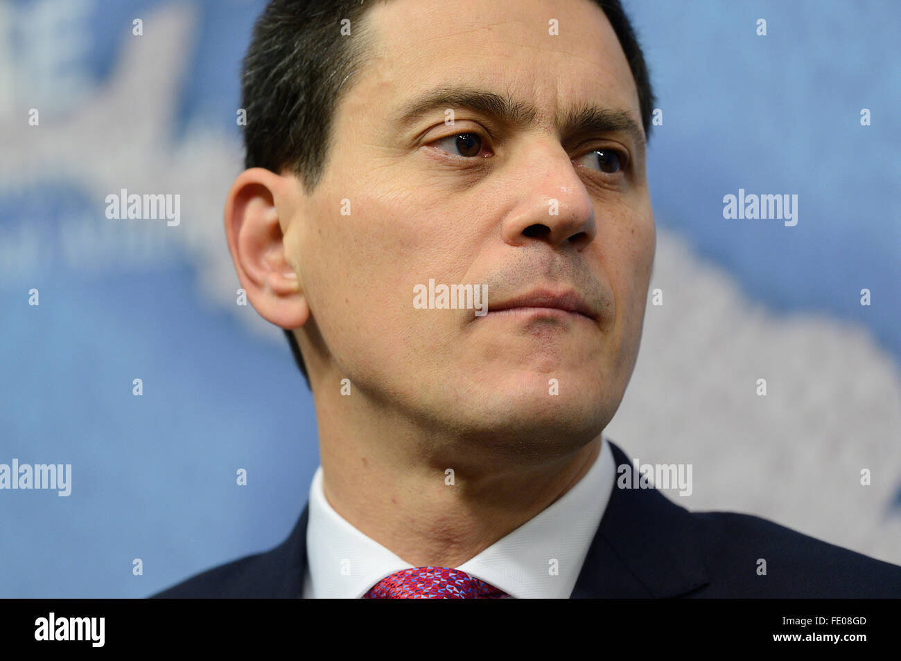 David Miliband hält Vortrag auf die Krise in Syrien bei Chatham House, London, Großbritannien - 3. Februar 2016 Stockfoto