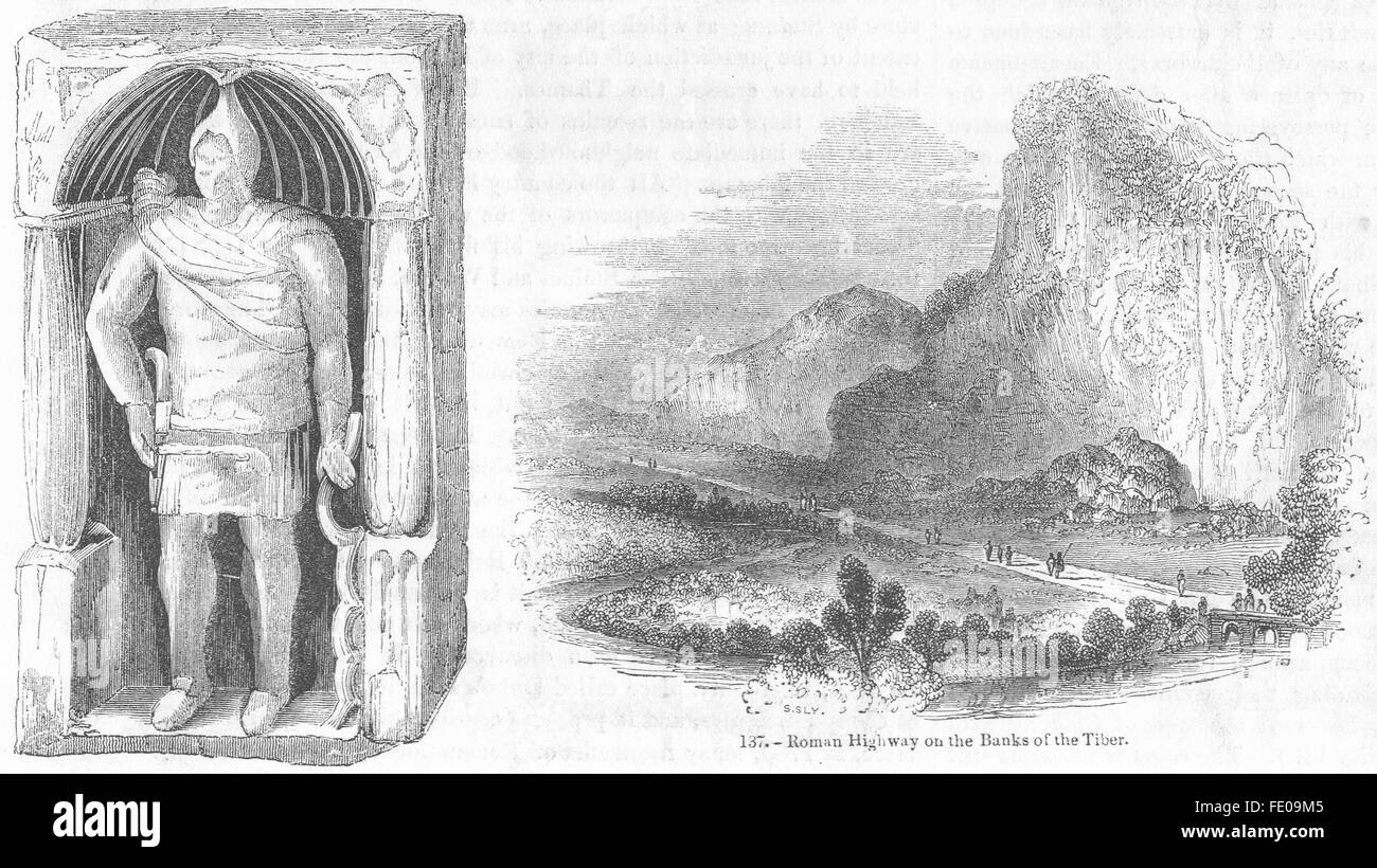 Italien: Römischer Soldat; Autobahn, Ufer des Tiber, antique print 1845 Stockfoto