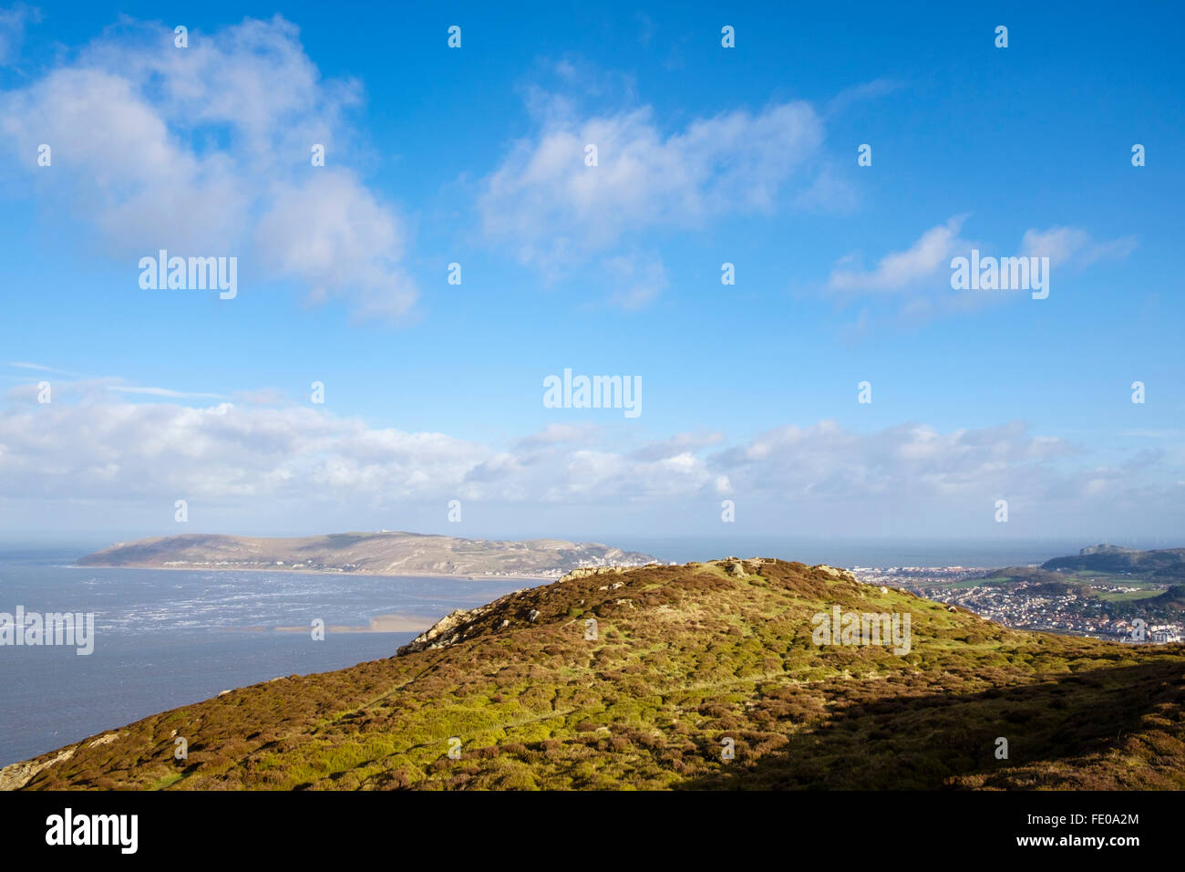 Conwy Berg am Rand des nördlichen Snowdonia mit Blick auf den Great Orme an der Küste. Conwy, North Wales, UK, Großbritannien Stockfoto
