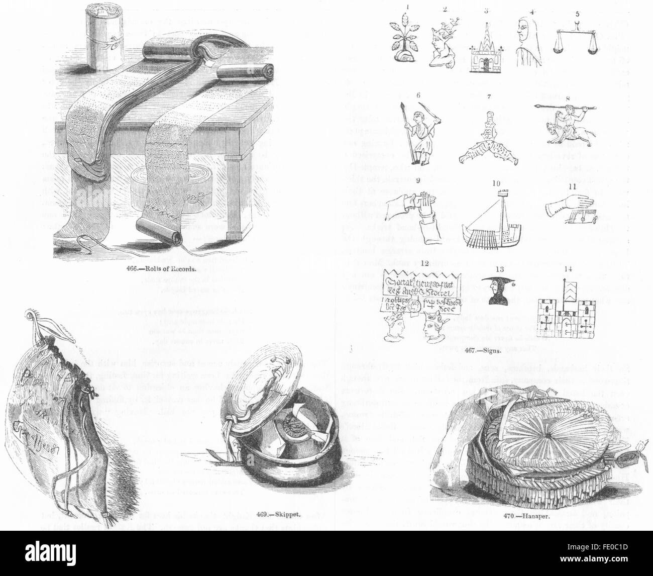 #: Aufzeichnen Rollen; Zeichen; Ledernen Beutel; Skippet; Hanaper, antiken print 1845 Stockfoto