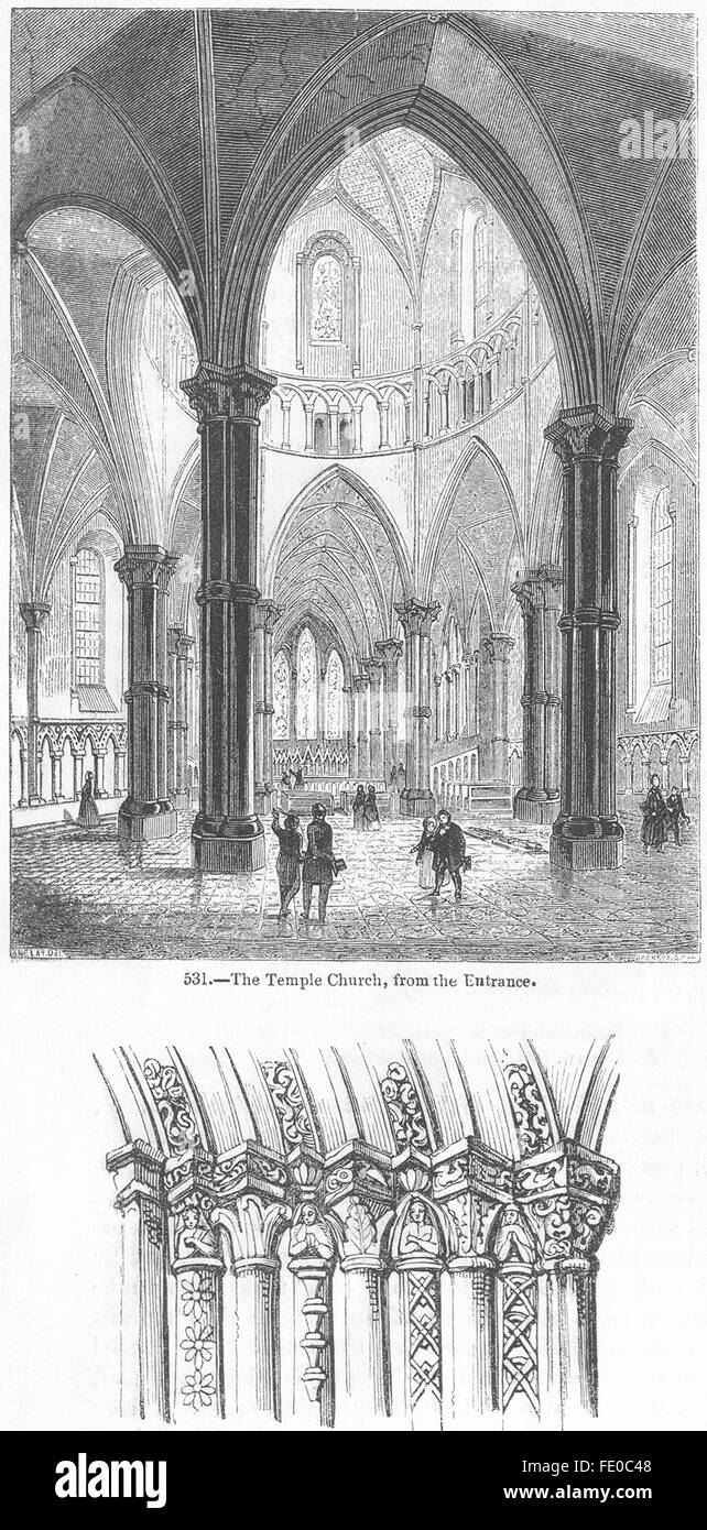 LONDON: Temple Church, Eintrag; Veranda, antiken print 1845 Stockfoto