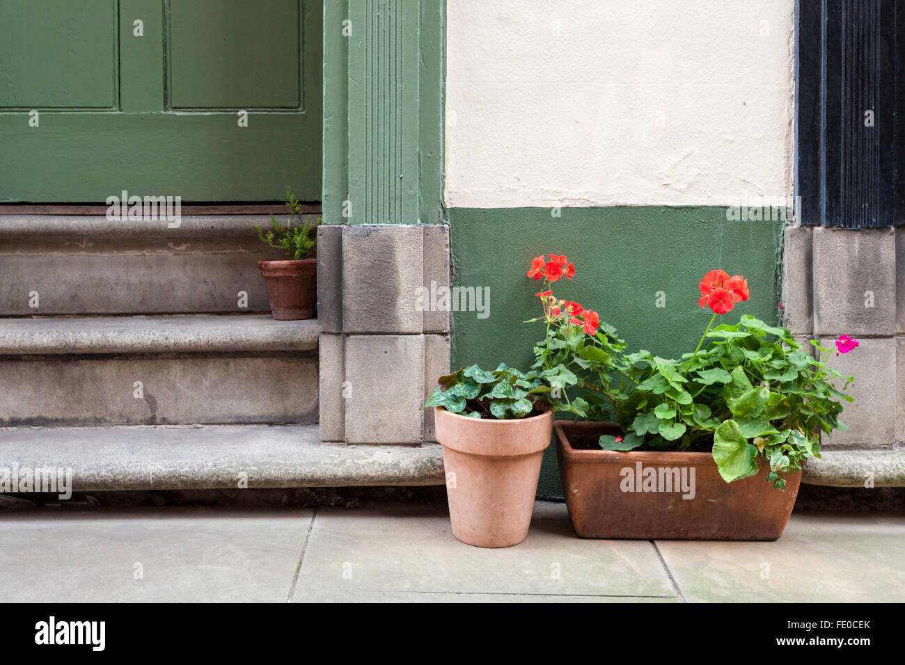 Blumen auf einer Straße. Blumentöpfe mit Topf pflanzen draußen auf den Boden durch eine Tür, Nottingham, England, Großbritannien Stockfoto