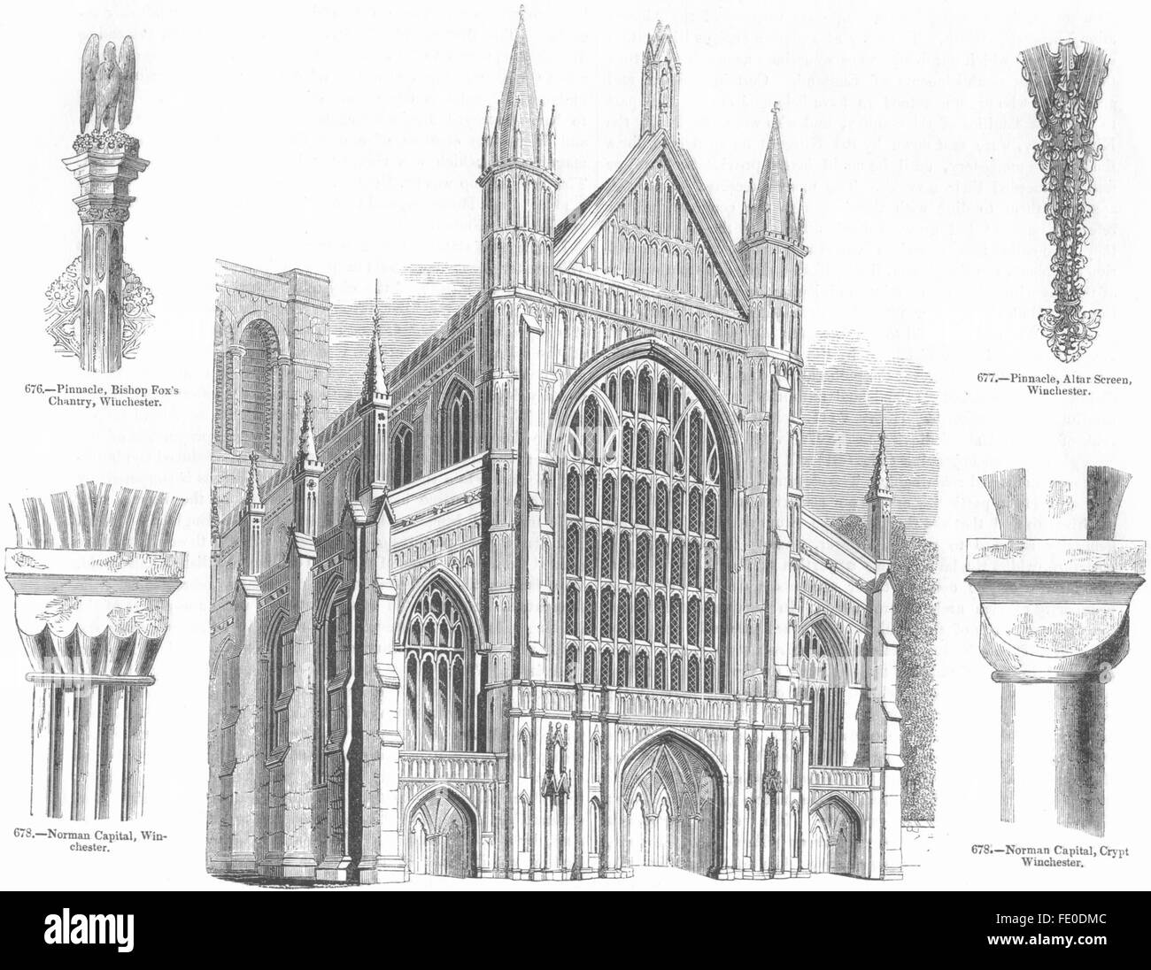 WINCHESTER: Kathedrale; Hauptstädte; Pinnacle-Fox Chantry, antiken print 1845 Stockfoto