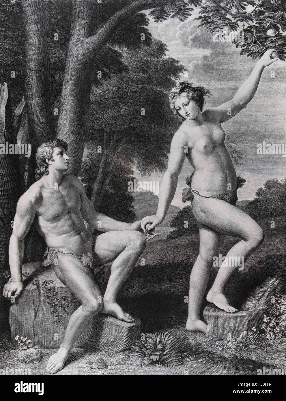 Der Fall des Menschen. Radierung von Jean Babptiste Maffard von Carlo Cignani. Stockfoto Der Fall des Menschen. Radierung von Jean Babptiste Maffard von Carlo Cignani. Stockfoto