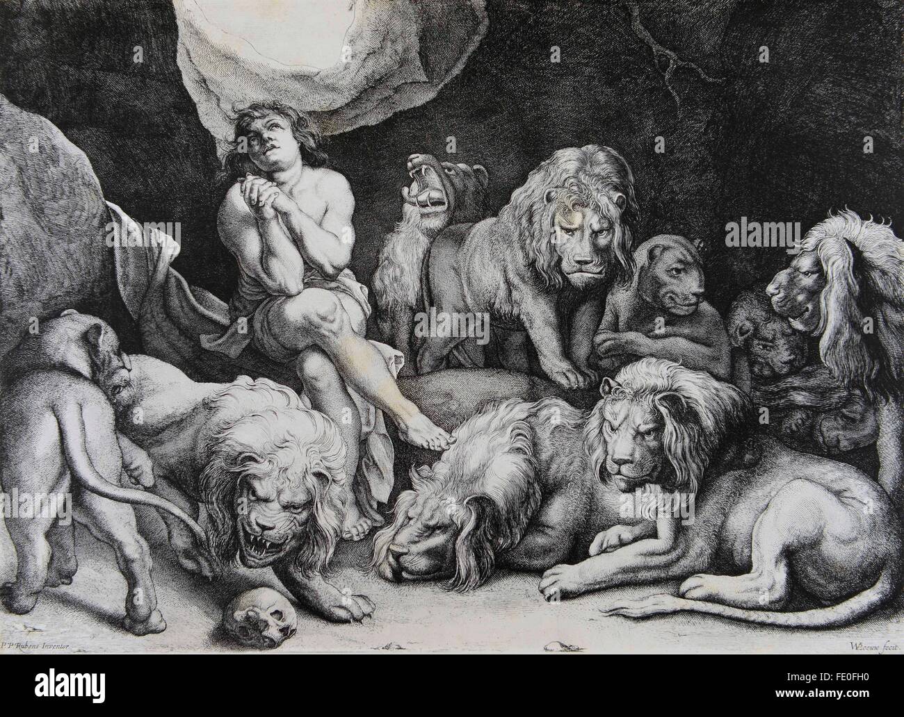 Daniel in der Löwengrube, Radierung von W. P. Leeuw, aus einem Gemälde von Rubens Stockfoto