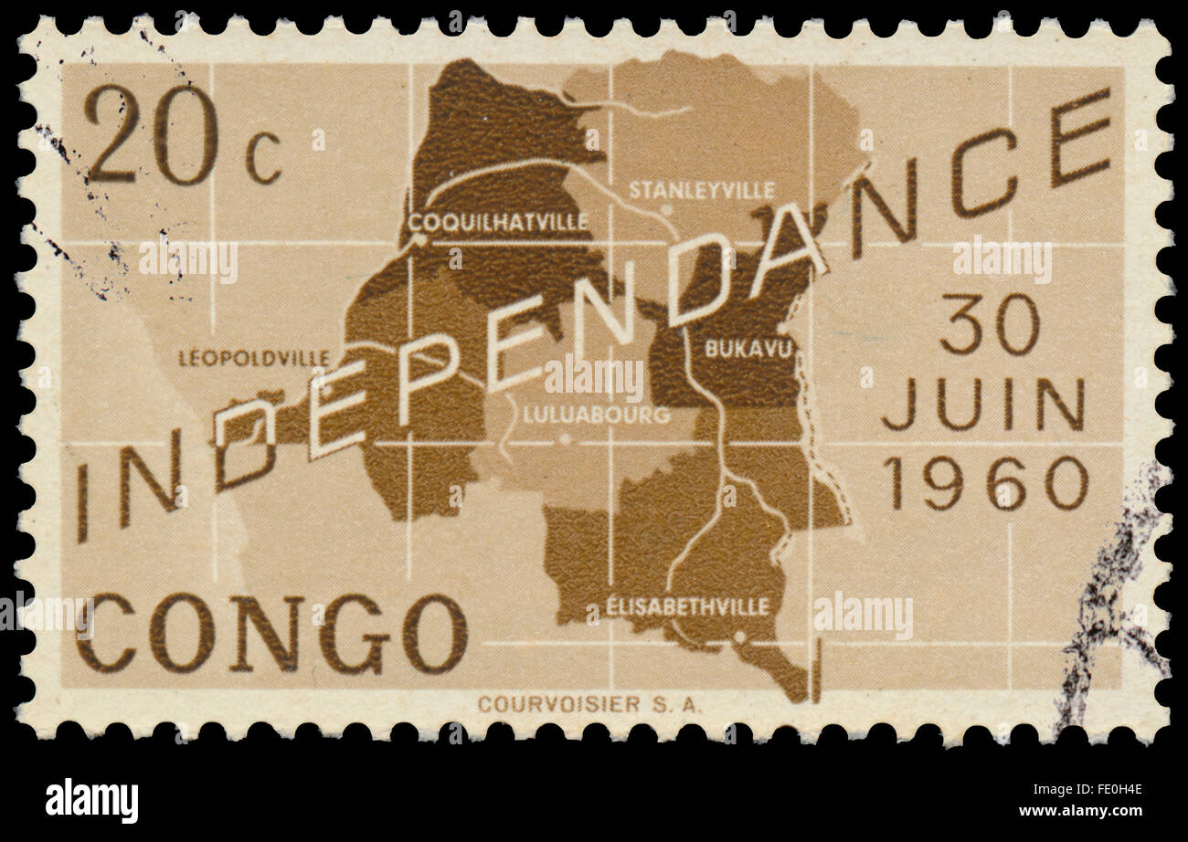 Kongo - ca. 1960: eine Briefmarke gedruckt in der Republik Kongo, zeigt Karte der unabhängigen Republik Kongo Stockfoto