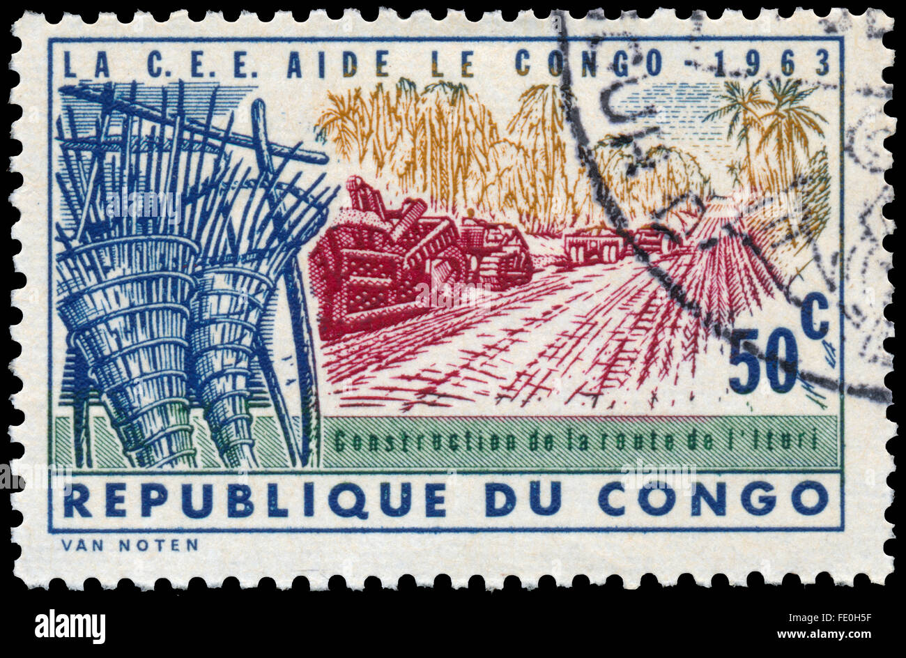 Kongo - ca. 1963: eine Briefmarke gedruckt in Kongo zeigt Bau Straße Stockfoto