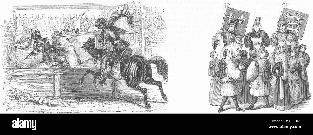 Fechten: Bertrand Guesclin; Herold liest Versand, antiken print 1845 Stockfoto