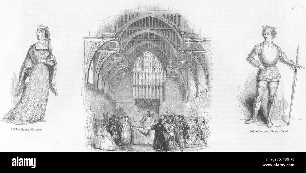 LONDON: Königin Margaret; Westminster Hall: Heinrich VI., antique print 1845 Stockfoto