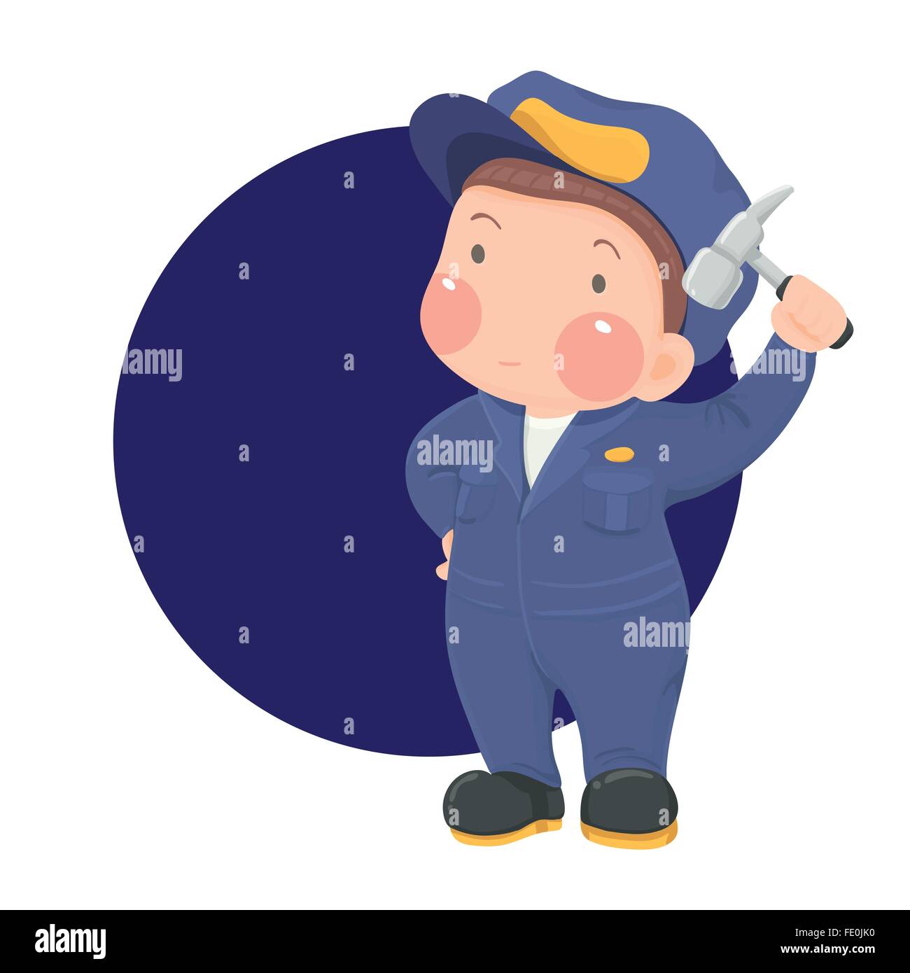 Vector Illustration der Service Mechaniker Mann mit Hammer in blauer Arbeitskleidung auf blauem Kreis Hintergrund, Comicfigur Stock Vektor