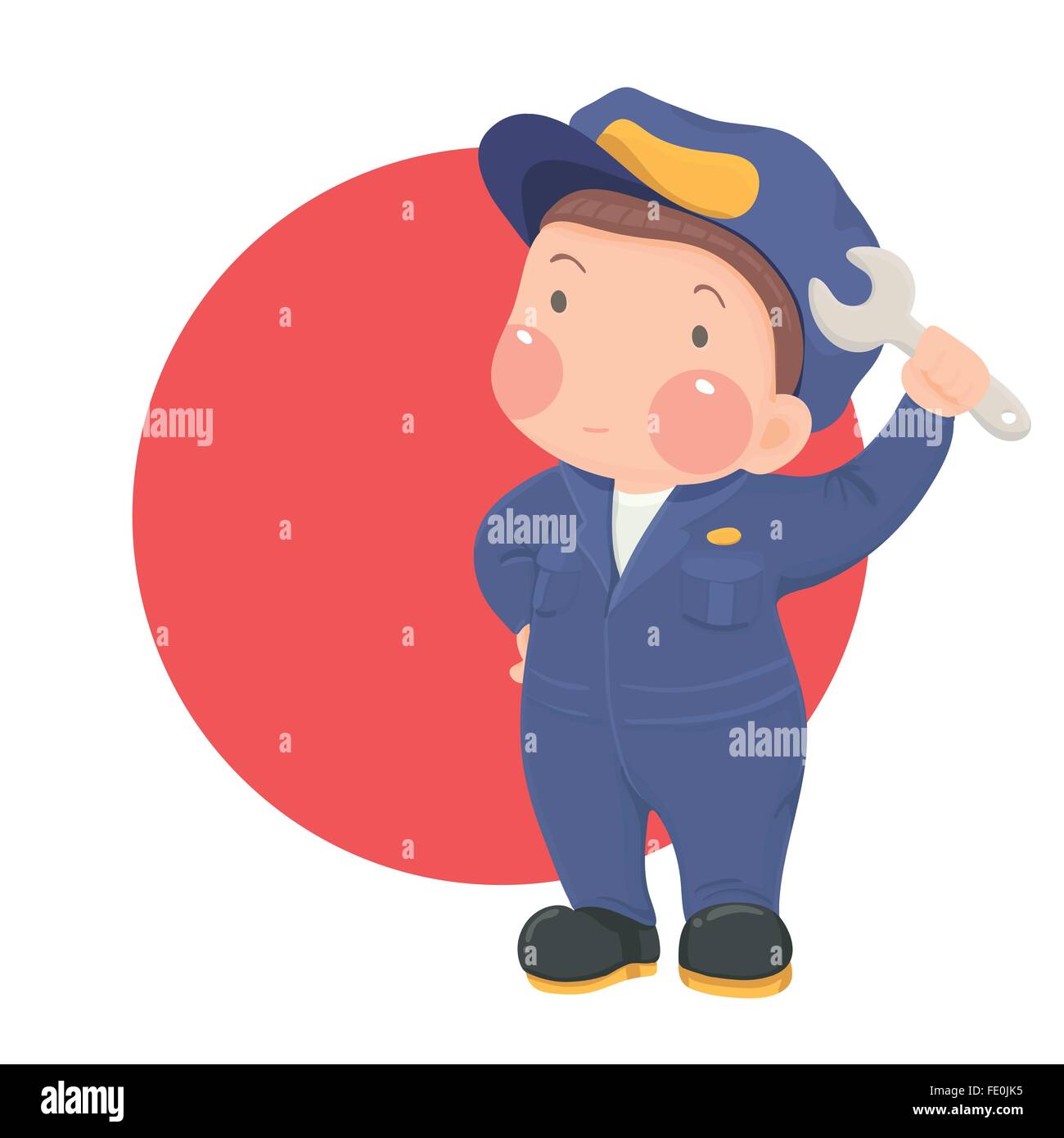 Vektor-Illustration von Service-Mechaniker Mann mit Schraubenschlüssel in blauen Arbeit tragen auf roter Kreis Hintergrund, Zeichentrickfigur Stock Vektor