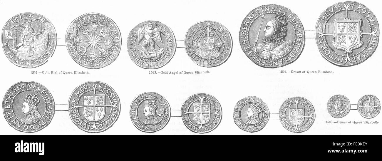 Münzen: Elizabeth I: Gold Rial, Angel; Krone, Schilling, Antik print 1845 Stockfoto