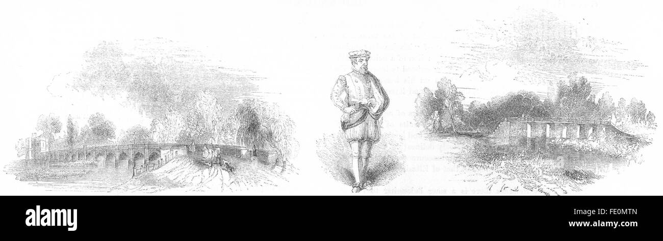 STRATFORD: Clopton Brücke; Thomas Gresham; Mühle, antique print 1845 Stockfoto