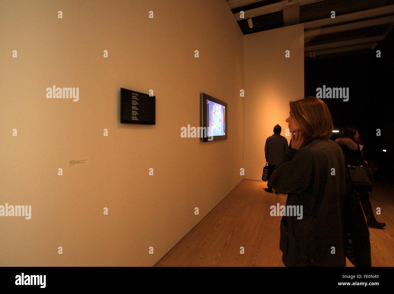 New York City, NY, USA. 3. Februar 2016. Die Besucher freuen sich auf eine Anzeige von Daten aus ihren eigenen Handys, Computern und mobilen Geräten an Astro-Geräuschen, die erste Einzelausstellung des Künstlers Laura Poitras im Whitney Museum of American Art in New York City am 3. Februar 2016 schnupperte.  früher in der Ausstellung werden diese Bilder ohne mein Wissen um die Verlegung auf der Plattform erfasst. Bildnachweis: Adam Stoltman/Alamy Live-Nachrichten Stockfoto