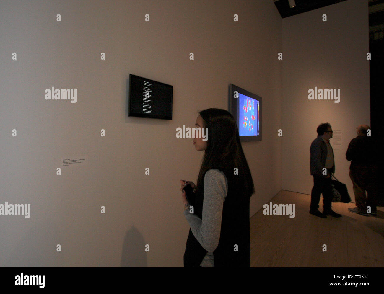 New York City, NY, USA. 3. Februar 2016. Die Besucher freuen sich auf eine Anzeige von Daten aus ihren eigenen Handys, Computern und mobilen Geräten an Astro-Geräuschen, die erste Einzelausstellung des Künstlers Laura Poitras im Whitney Museum of American Art in New York City am 3. Februar 2016 schnupperte.  früher in der Ausstellung werden diese Bilder ohne mein Wissen um die Verlegung auf der Plattform erfasst. Bildnachweis: Adam Stoltman/Alamy Live-Nachrichten Stockfoto