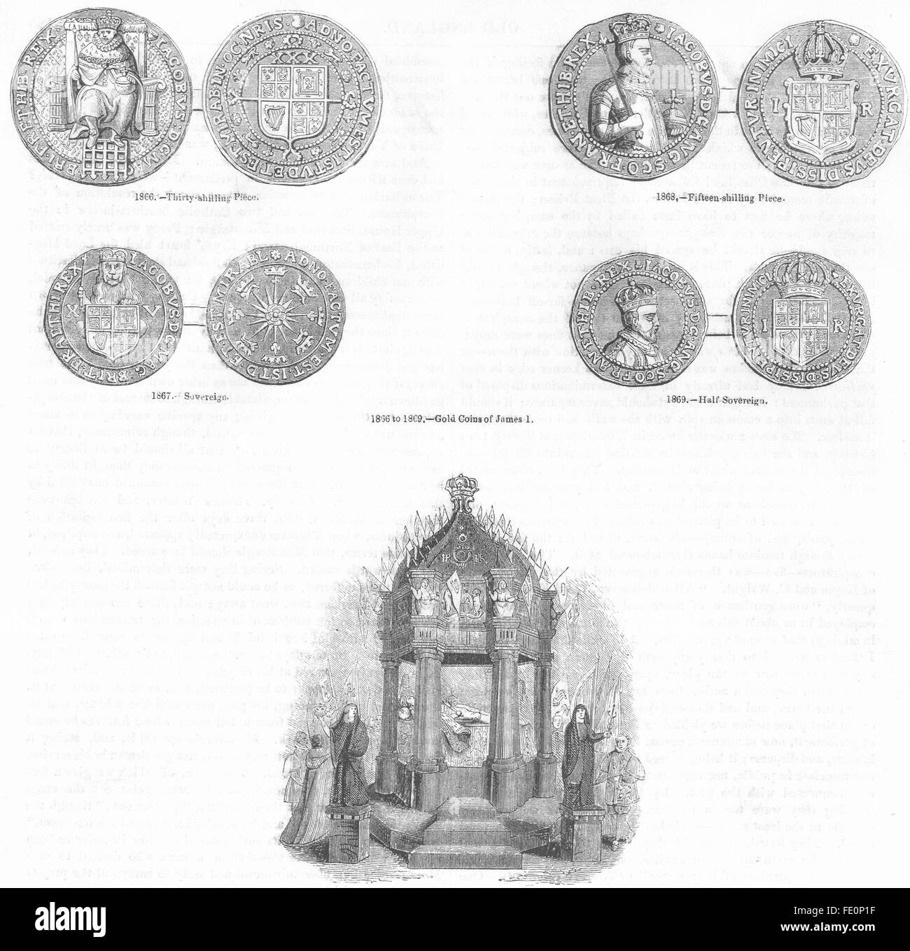 JAMES I: 15, 30 Schilling; Souveräne; Lügen im Zustand, Antique print 1845 Stockfoto