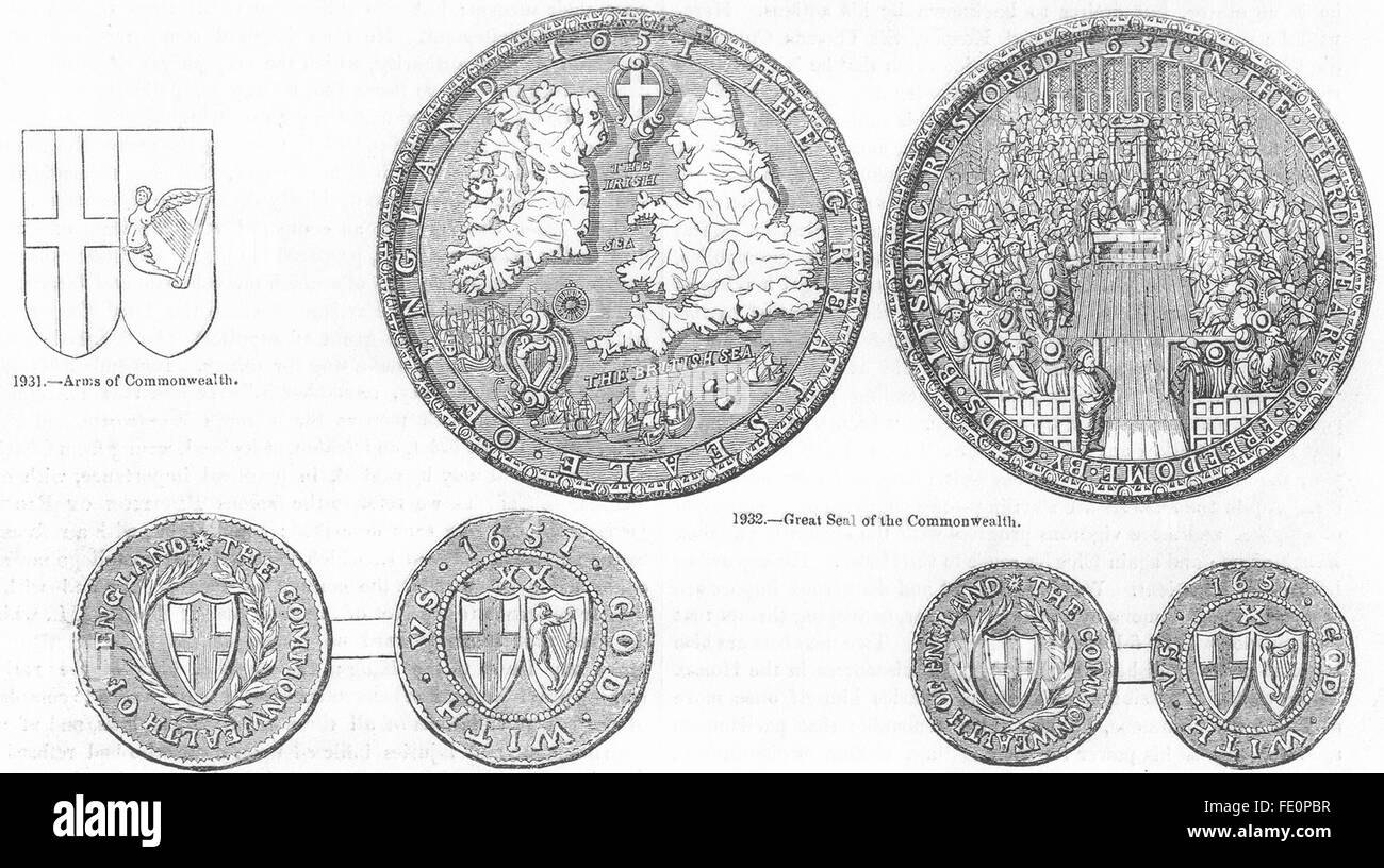 Münzen: Commonwealth: Arme, Siegel, 20 & 10 Schilling, Antik print 1845 Stockfoto