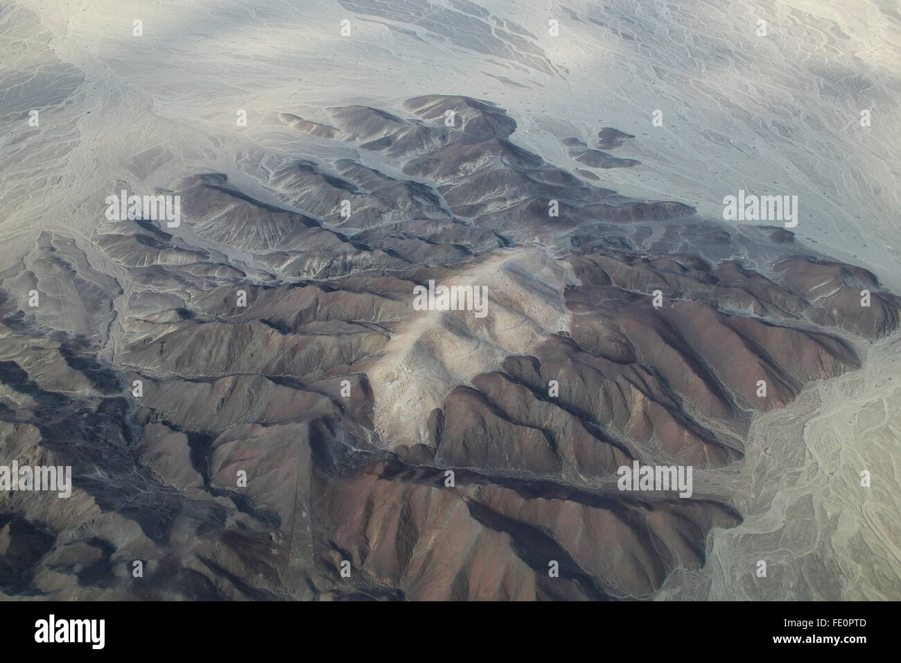 Luftaufnahme der Pampa de Jumana in der Nähe von Nazca in Peru. Stockfoto