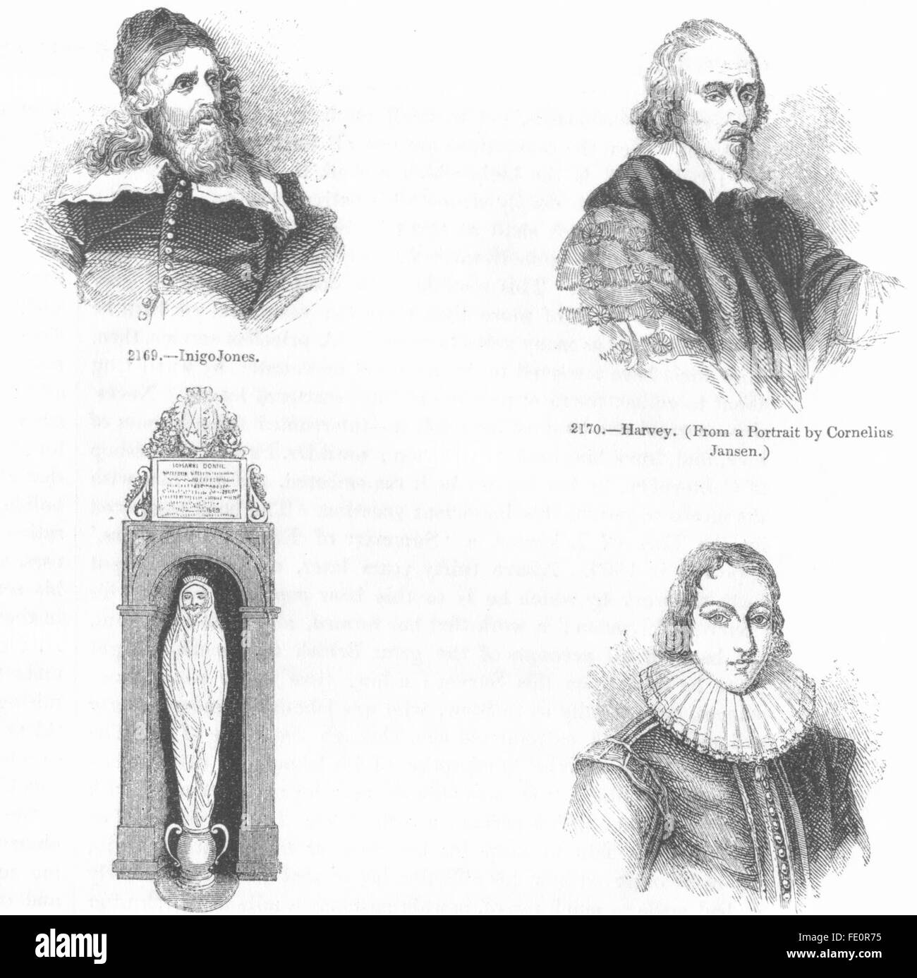Porträts: Inigo Jones; Harvey; Donne; Milton im Alter von 19, Antique print 1845 Stockfoto