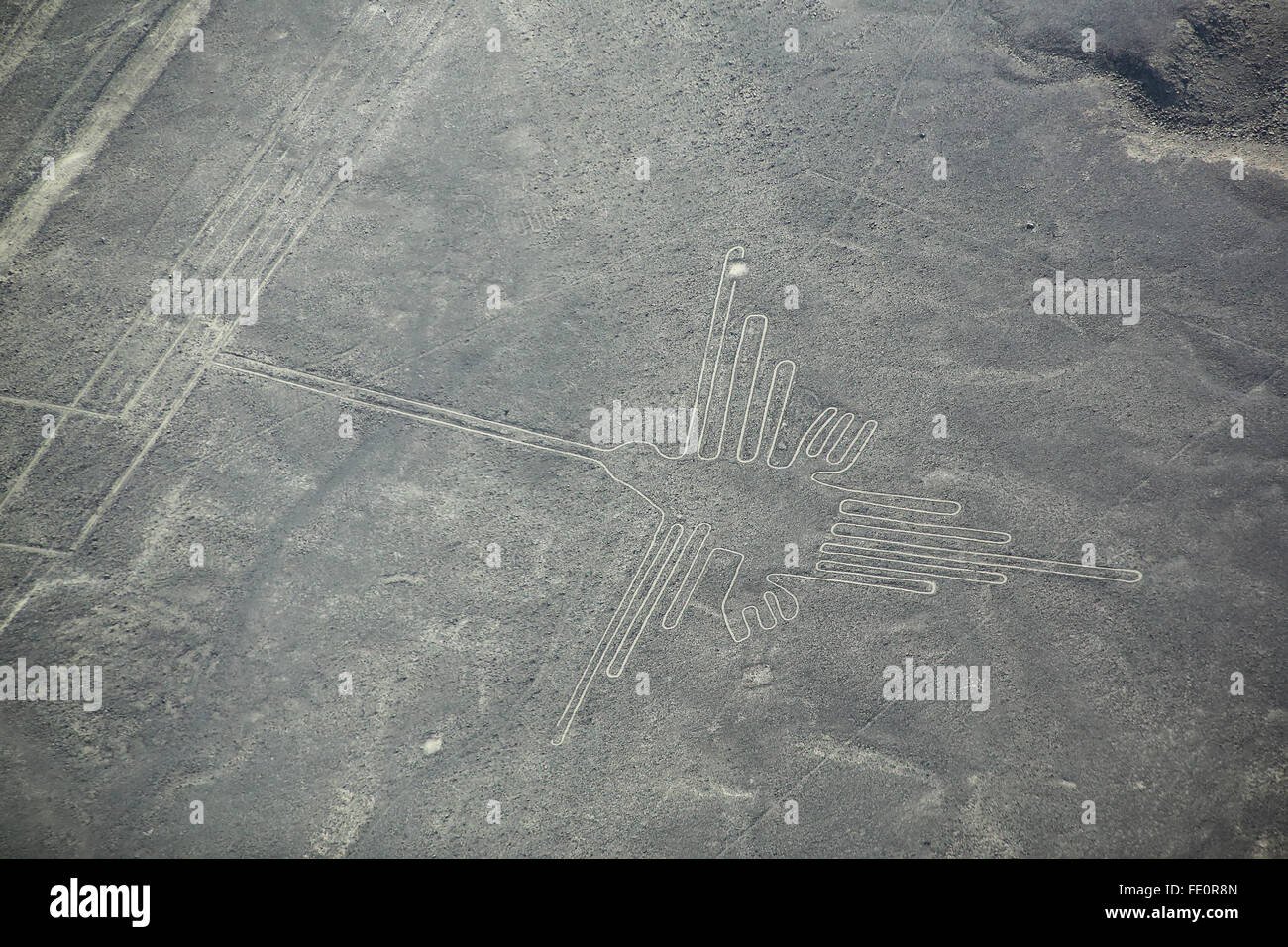 Luftaufnahme von Nazca-Linien - Kolibri Geoglyph, Peru. Die Linien wurden im Jahr 1994 als UNESCO-Weltkulturerbe ausgewiesen. Stockfoto