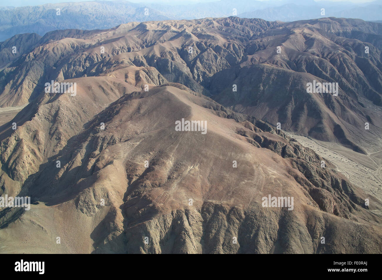 Luftaufnahme der Pampa de Jumana in der Nähe von Nazca in Peru. Stockfoto