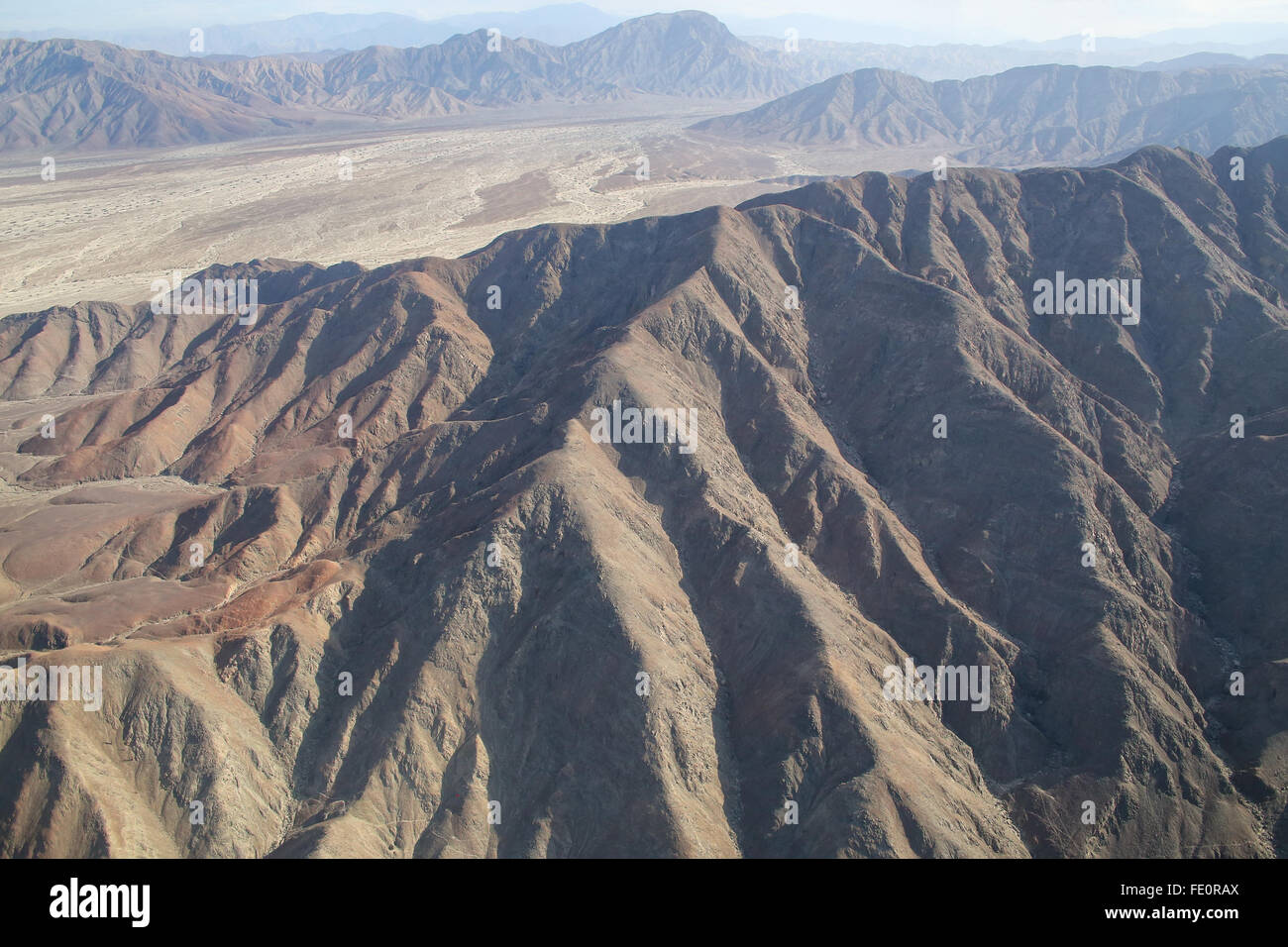Luftaufnahme der Pampa de Jumana in der Nähe von Nazca in Peru. Stockfoto