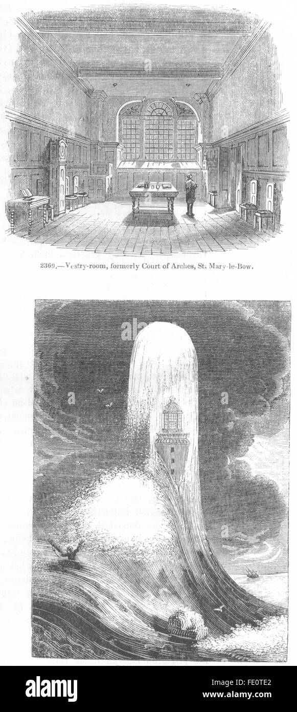 DEVON: Eddystone Leuchtturm; Sakristei St. Mary-le-Bow, antique print 1845 Stockfoto