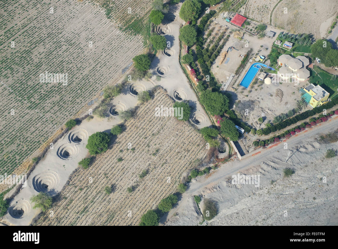 Luftaufnahme des Cantalloc Aquädukte in Nazca, Peru. Stockfoto