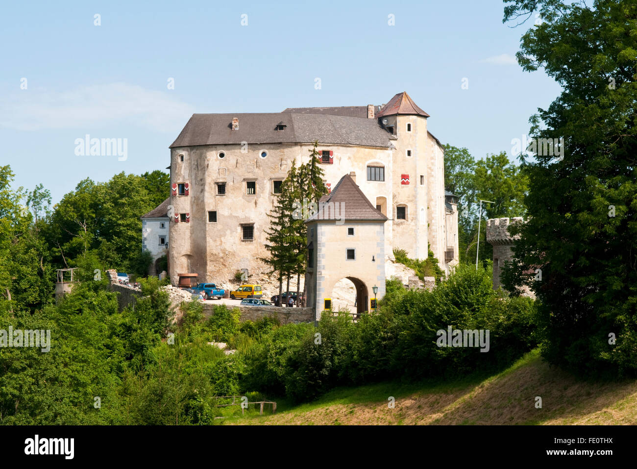 Burg Plankenstein, ein 12. Jahrhundert Burg steht auf einem Felsvorsprung in Österreich, jetzt ein privates Hotel. Stockfoto