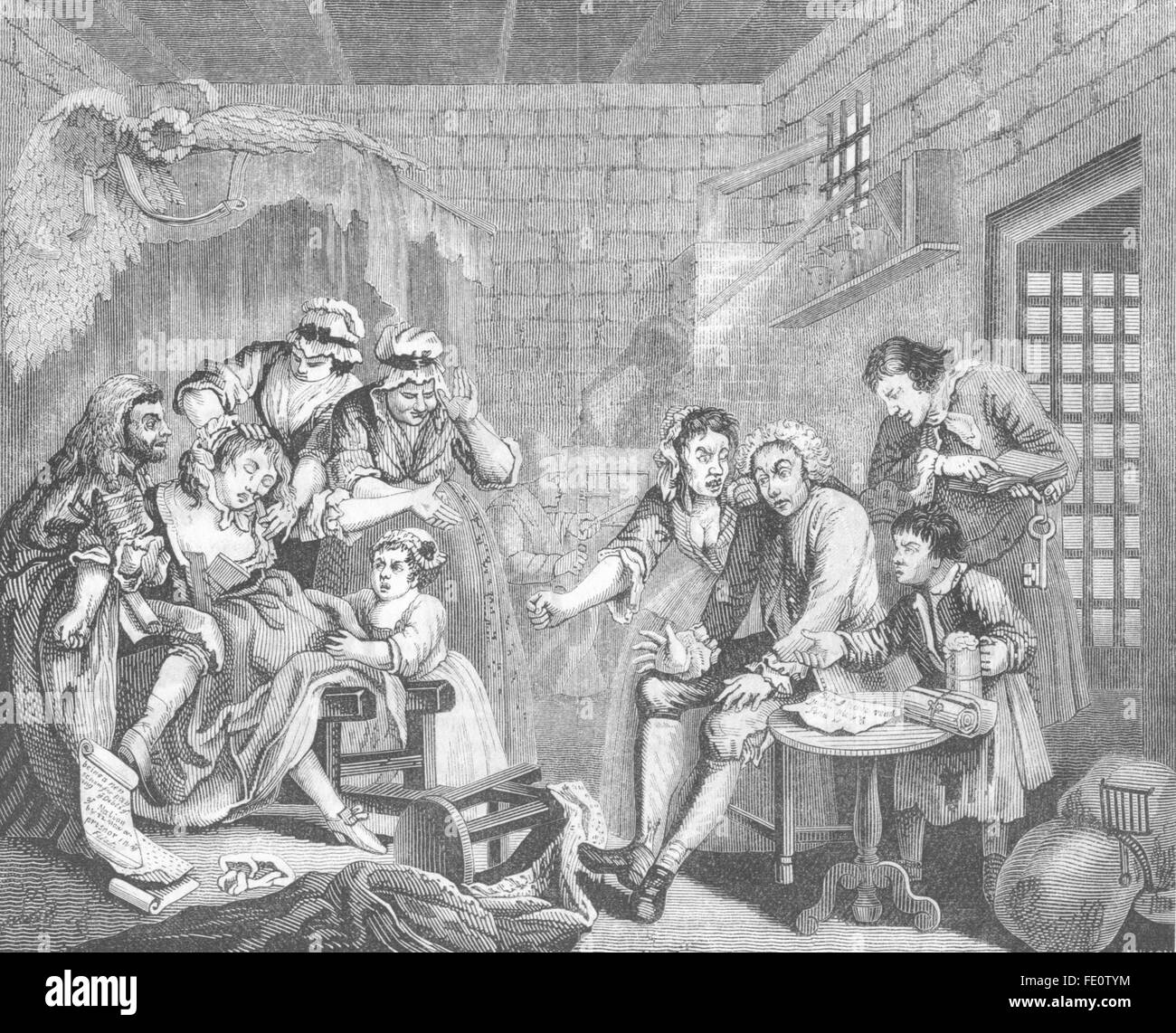 HOGARTH: The Rake es Fortschritte der Gaol, antike print 1845 Stockfoto