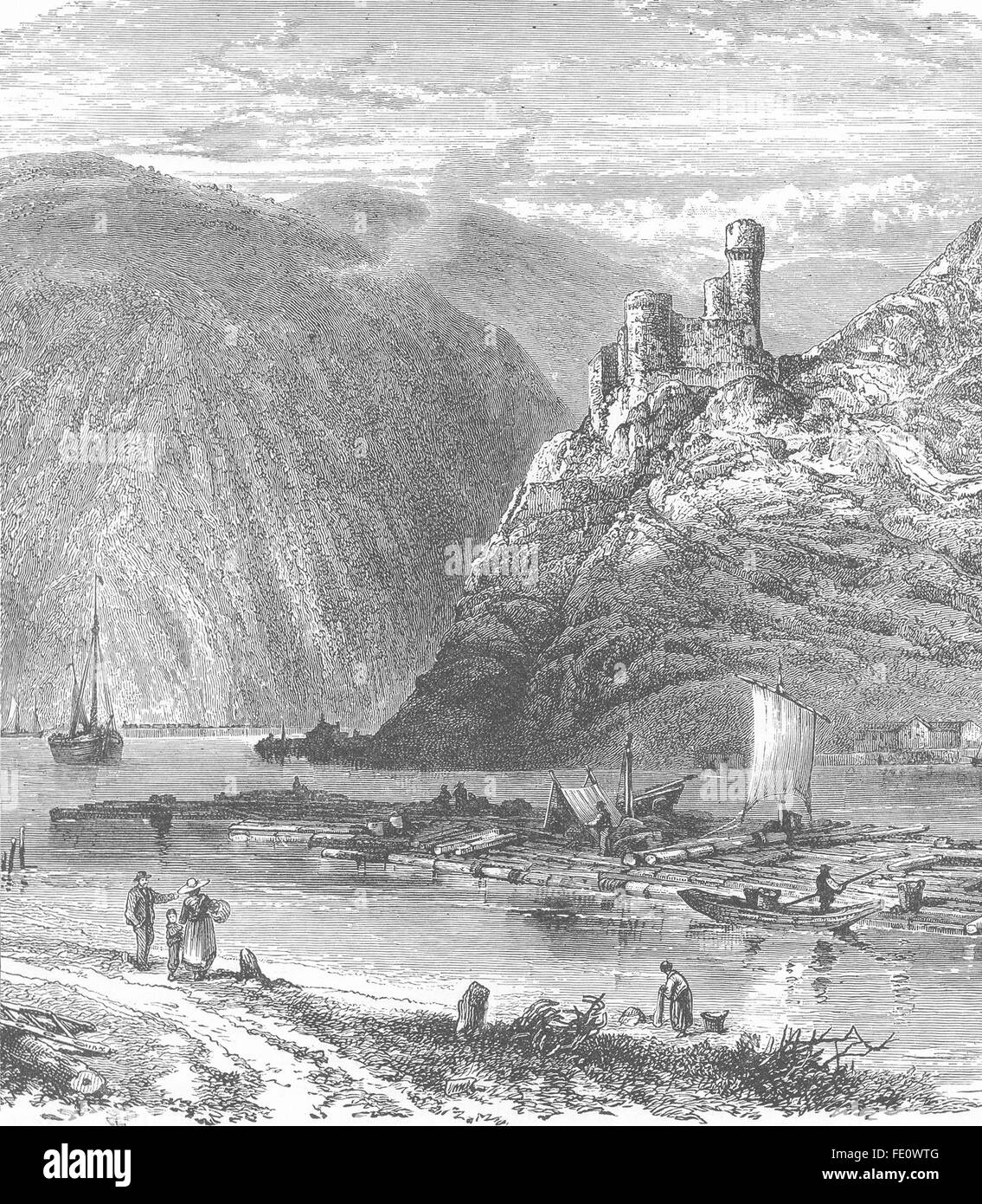 Deutschland: Der Rhein unterhalb Bingen, auf die Berge des Taunus. Burg Ehrenfels, 1893 Stockfoto