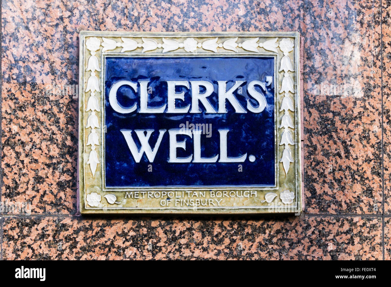 Ein Zeichen für der Angestellten auch in Farringdon Lane, nach dem das Gebiet von Clerkenwell benannt ist. Stockfoto