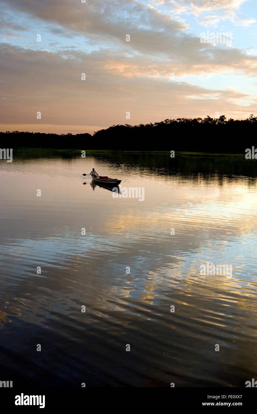 Boot auf dem Amazonas in Ecuador bei Sonnenuntergang, Südamerika Stockfoto
