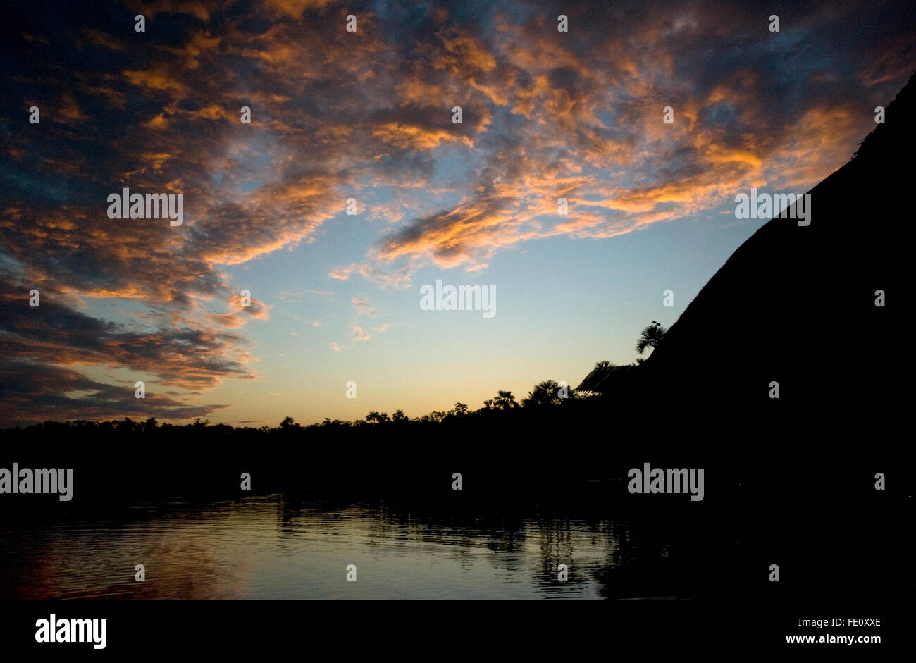 Sonnenuntergang über dem Amazonas in Ecuador, Südamerika Stockfoto