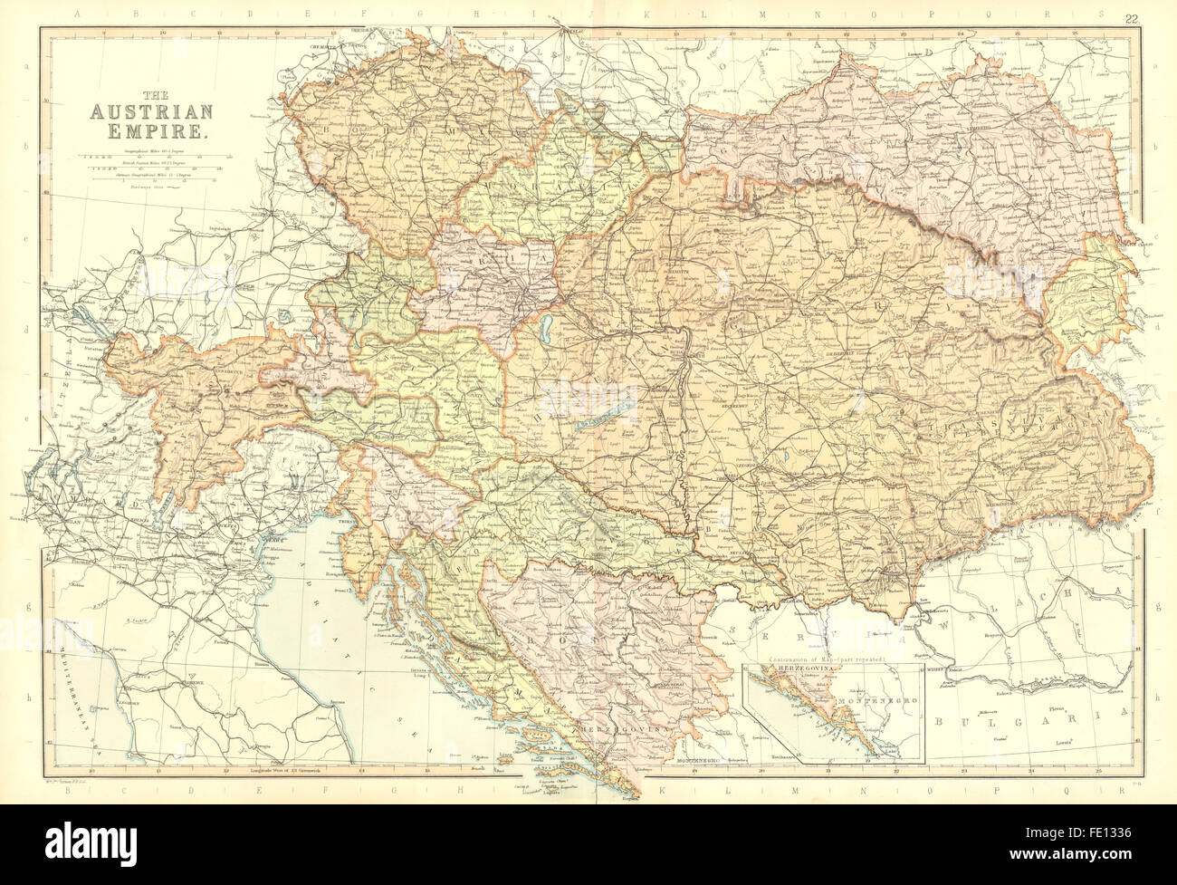KAISERTUM Österreich: Karte Austria-Hungary Tschechische Slowakei Croatia.BLACKIE, 1893 alt Stockfoto