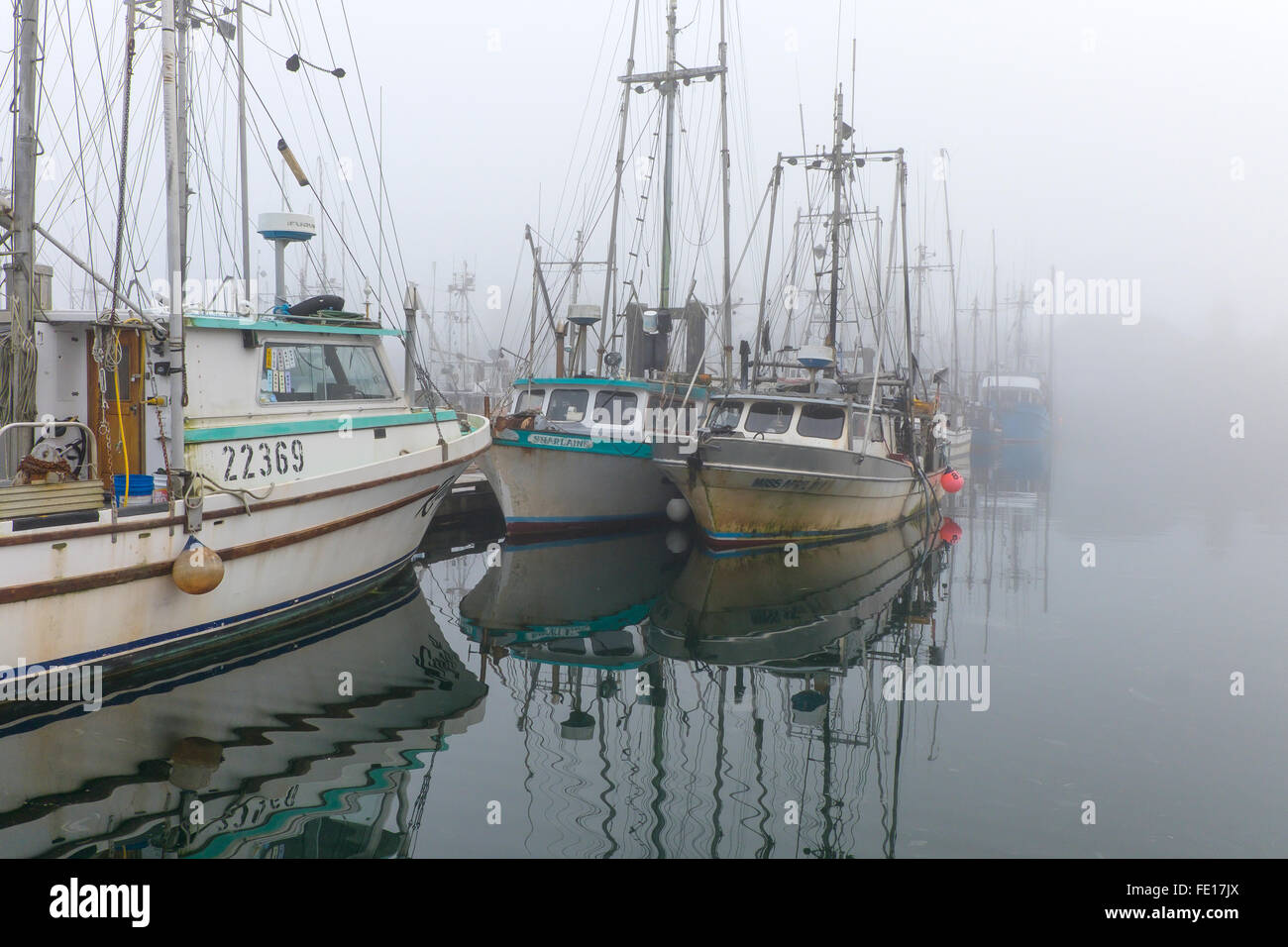 Hafen von Ucluelet, Britisch-Kolumbien: Boote im Small Boat Basin im Nebel. Vancouver Island, Kanada Stockfoto