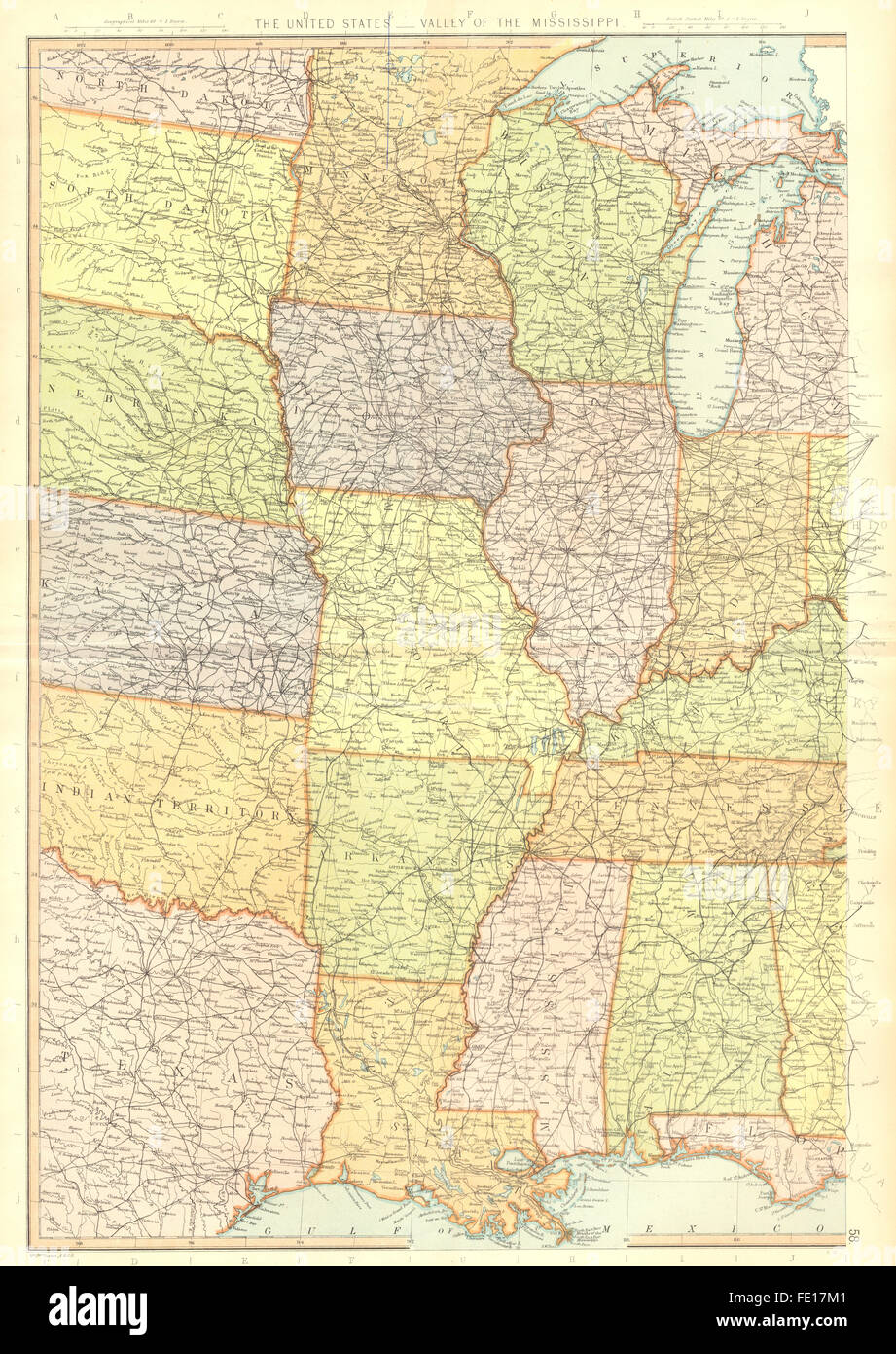 MISSISSIPPI-TAL: USA. LA AR MO MN WI IL MS AL. BLACKIE, 1893 Antike Landkarte Stockfoto