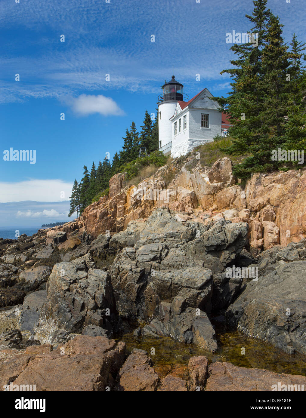 Acadia Nationalpark, ME: Bass Harbor Head Leuchtturm (1858) - Mount Desert Island Stockfoto