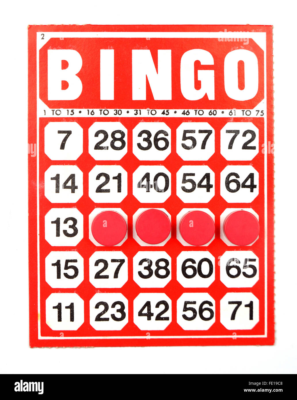 Roten Bingo-Karte mit Chips zu gewinnen Stockfoto