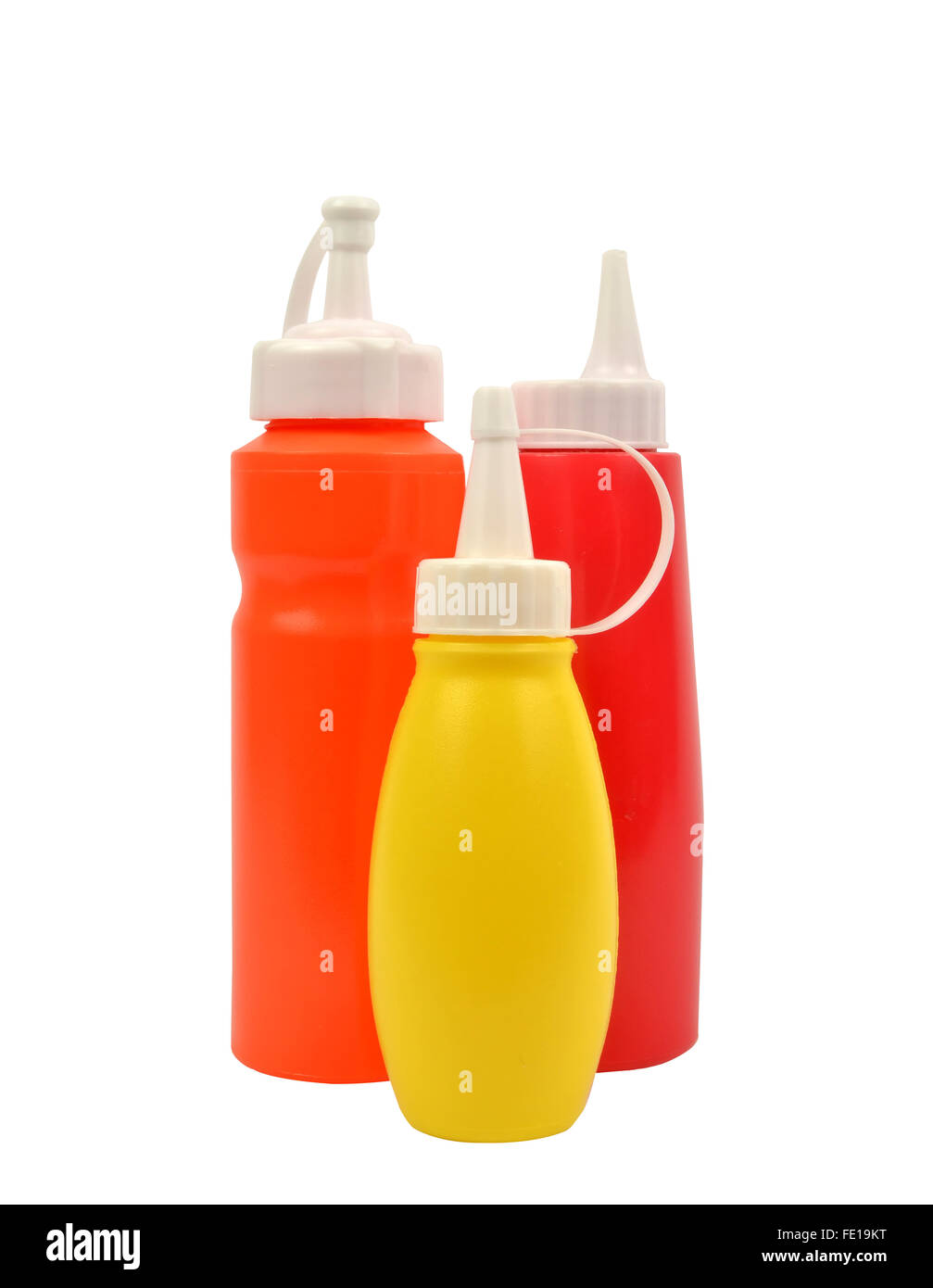 Senf und Ketchup sprizt Flaschen isoliert auf weißem Stockfoto