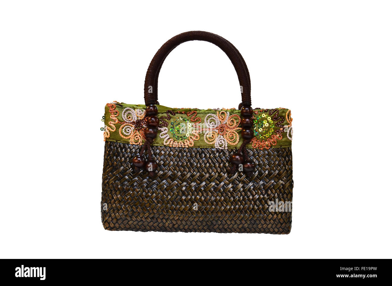 Bambus geflochtenen Tasche auf weißem Hintergrund Stockfoto