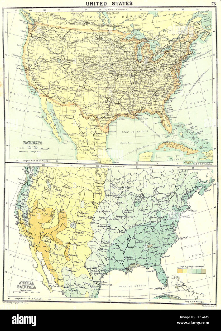 USA: US: Eisenbahn; Die jährliche Niederschlagsmenge, 1900 Antike Landkarte Stockfoto