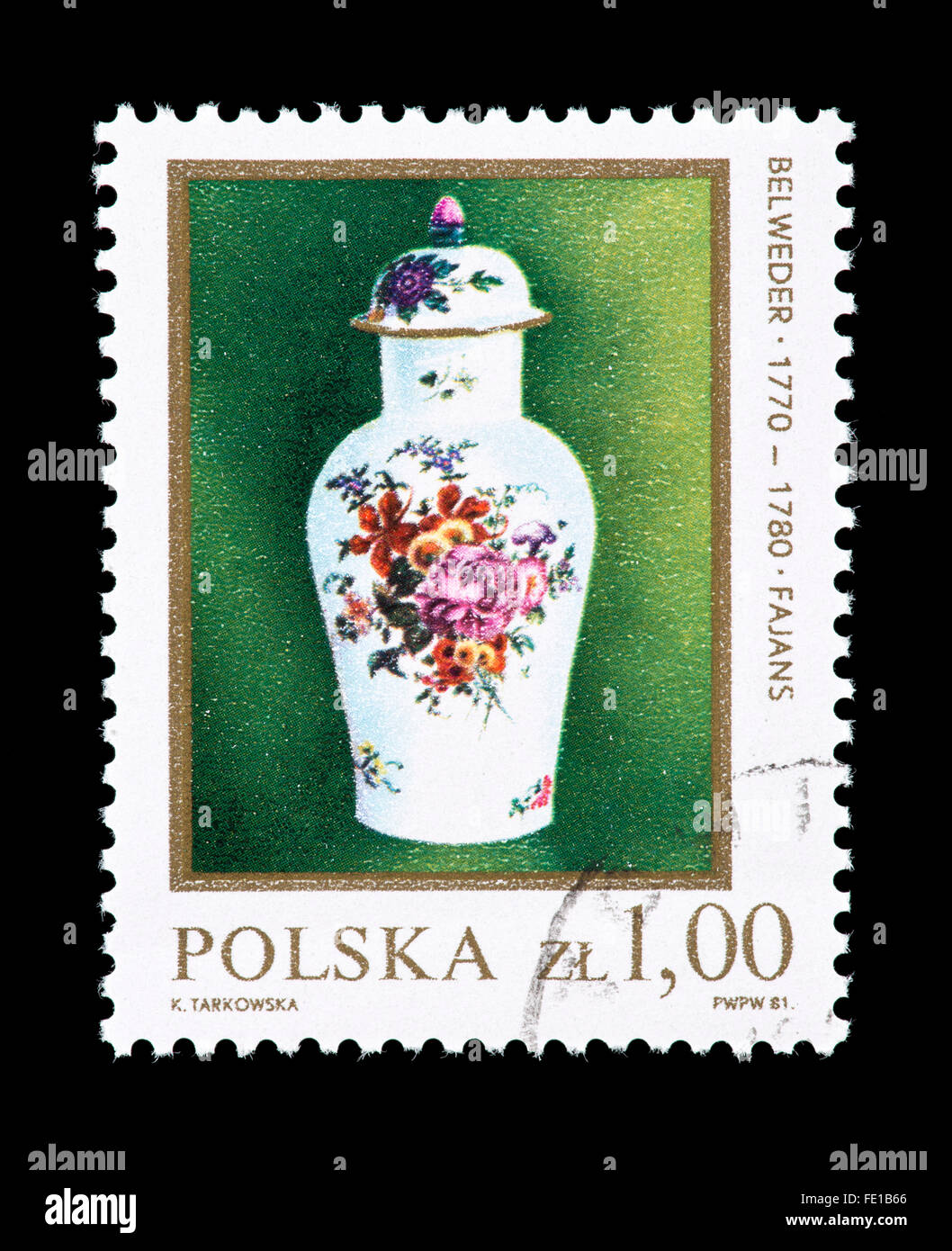 Briefmarke aus Polen, die Darstellung einer Kwan Vase aus dem 18. Jahrhundert. Stockfoto