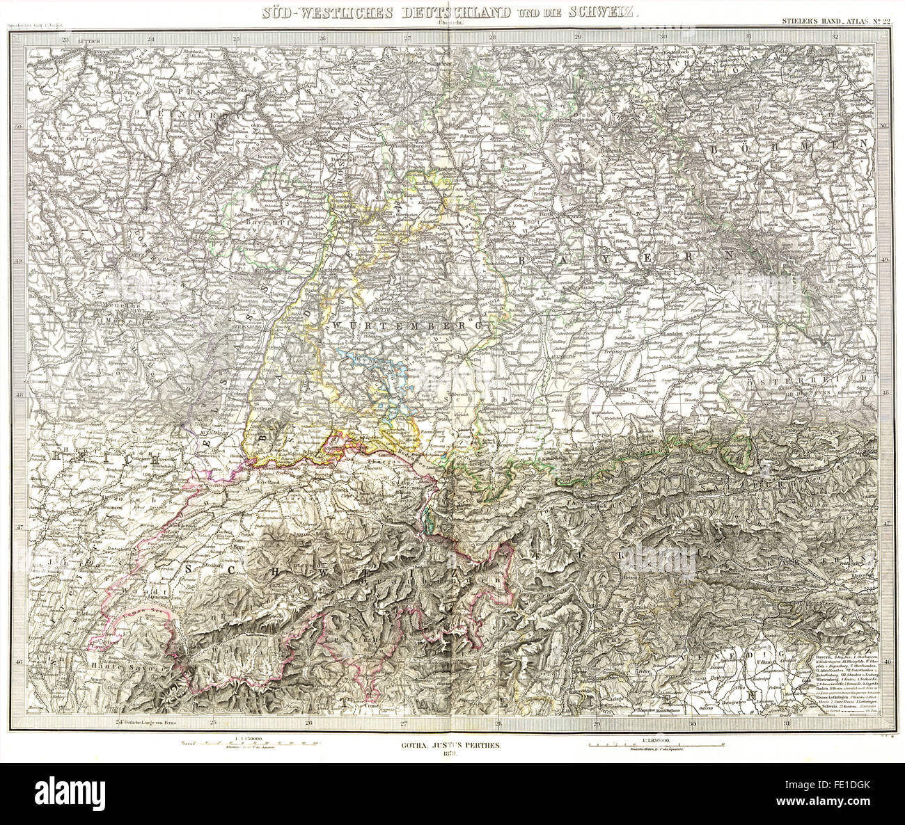 Deutschland: Sud-Westliches Deutschland Schweiz, 1879 Antike Landkarte Stockfoto