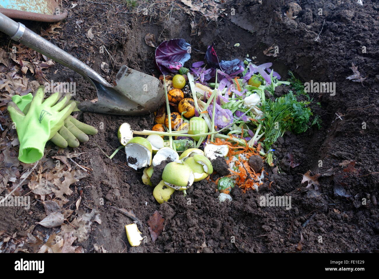Einen Halt, gefüllt mit Gemüse und Obst Fetzen bereit für die Kompostierung Stockfoto