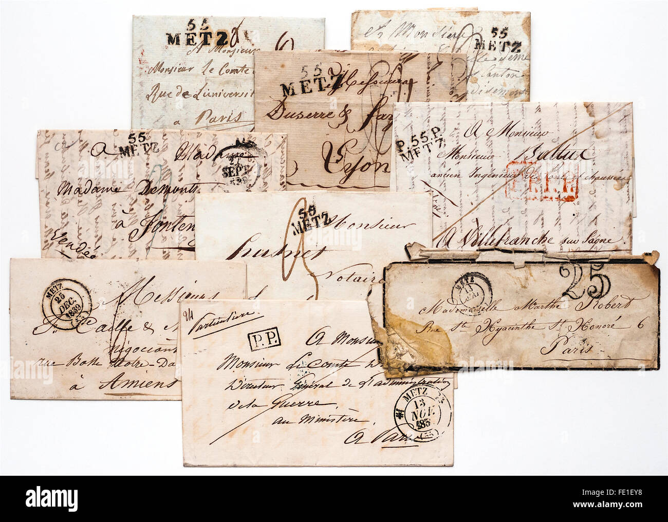 Auswahl von Anfang des 19. Jahrhunderts französische Briefe Poststempel "Metz" - Frankreich. Stockfoto